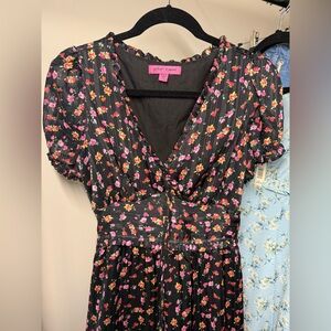 Betsey Johnson Black Floral V-Neck Midi Dress with Pink & Orange Blooms